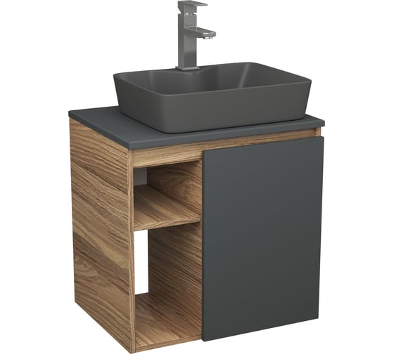 Тумба Bauedge Bau Dream Blackwood 60 правая, графит, раковина BAU Cerama 48х37 темно-серая матовая, смеситель Hotel Still, нерж. сталь SD4368