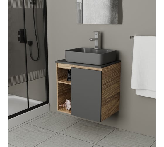 Тумба Bauedge Bau Dream Blackwood 60 правая, графит, раковина BAU Cerama 48х37 темно-серая матовая, смеситель Hotel Still, нерж. сталь SD4368