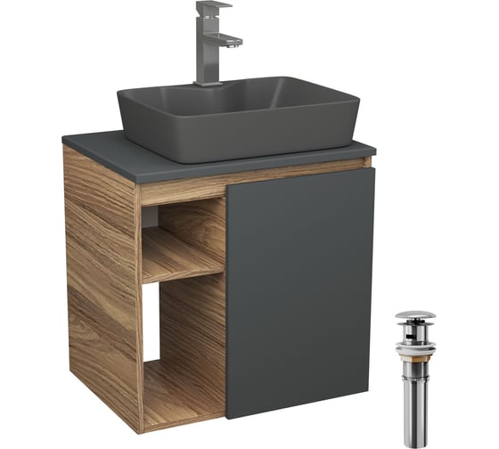 Тумба Bauedge Bau Dream Blackwood 60 правая, графит, раковина BAU Cerama 48х37 темно-серая матовая, смеситель Hotel Still, нерж. сталь, выпуск клик клак хром SD4375