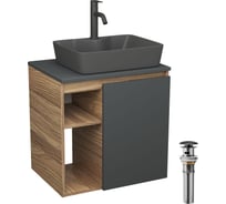 Тумба Bauedge Bau Dream Blackwood 60 правая, графит, раковина BAU Cerama 48х37 темно-серая матовая, смеситель Hotel Dream Black, нерж. сталь, черный, выпуск клип клап SD4380