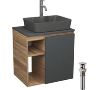 Тумба Bauedge Bau Dream Blackwood 60 правая, графит, раковина BAU Cerama 48х37 темно-серая матовая, смеситель Hotel Dream, нерж. сталь, выпуск клик клак хром SD4378