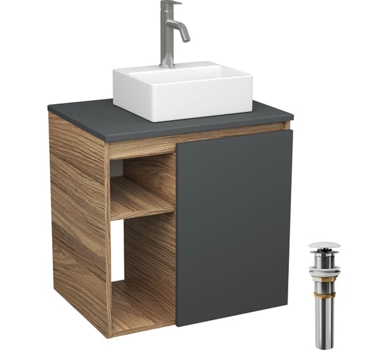 Тумба Bauedge Bau Dream Blackwood 60 правая, графит, раковина BAU Cerama Mini 33х28 белая, смеситель Hotel Dream, нерж. сталь, выпуск клик клак белый SD4393