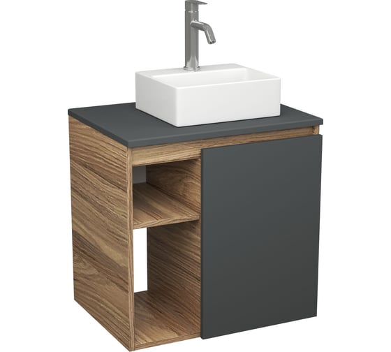 Тумба Bauedge Bau Dream Blackwood 60 правая, графит, раковина BAU Cerama Mini 33х28 белая, смеситель Hotel Dream нерж. сталь SD4384