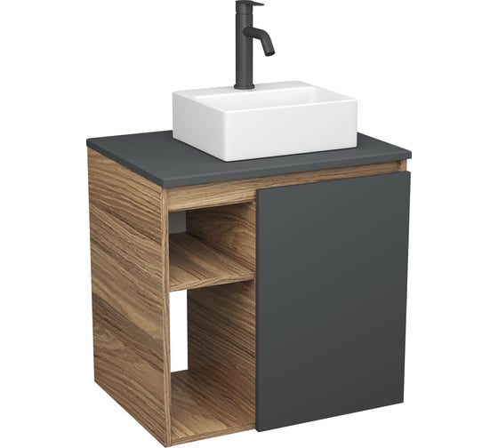 Тумба Bauedge Bau Dream Blackwood 60 правая, графит, раковина BAU Cerama Mini 33х28 белая, смеситель Hotel Dream Black черный SD4385 1