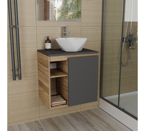 Тумба Bauedge Bau Dream Blackwood 60 правая, графит, раковина BAU Crystal 40х40, смеситель для раковины высокий Hotel Still, нержавеющая сталь SD4284
