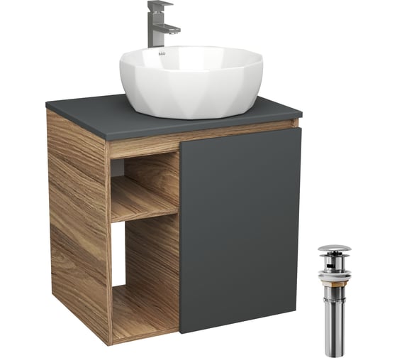 Тумба Bauedge Bau Dream Blackwood 60 правая, графит, раковина BAU Diamond D40, смеситель для раковины высокий Hotel Still, нержавеющая сталь, выпуск клик клак SD4294