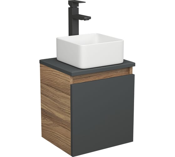 Тумба Bauedge Bau Dream Blackwood 35 с ящиком, графит, раковина BAU Mini 24х24, смеситель для раковины высокий Hotel Black, черный SD4005 1