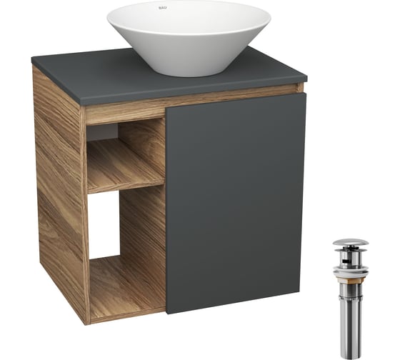 Тумба Bauedge Bau Dream Blackwood 60 правая, графит, раковина BAU Dream D43, выпуск клик клак хром SD4253 1