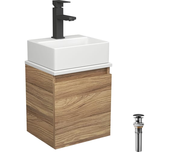 Тумба Bauedge Bau Dream Blackwood 35 с ящиком, раковина BAU Cerama Mini, белая, смеситель Hotel Black, черный, выпуск клик-клак черный SD4405 1
