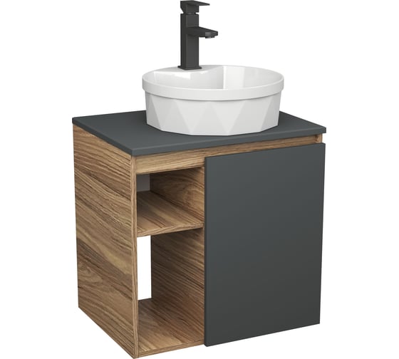 Тумба Bauedge Bau Dream Blackwood 60 правая, графит, раковина BAU Element Cristal D40, белая, смеситель Hotel Black черный SD4327
