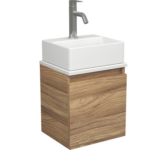 Тумба Bauedge Bau Dream Blackwood 35 с ящиком, раковина BAU Cerama Mini, белая, смеситель Hotel Dream, нерж. сталь SD4398 1
