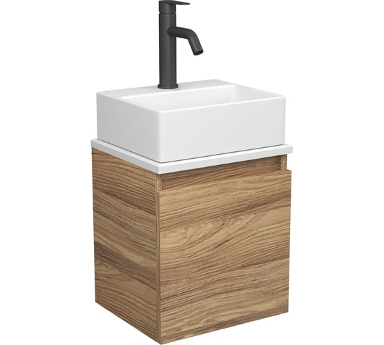 Тумба Bauedge Bau Dream Blackwood 35 с ящиком, раковина BAU Cerama Mini, белая, смеситель Hotel Dream Black, нерж. сталь, черный SD4399