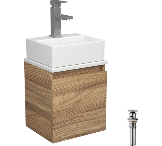 Тумба Bauedge Bau Dream Blackwood 35 с ящиком, раковина BAU Cerama Mini, белая, смеситель Hotel Still, нерж. сталь, выпуск клик-клак, хром SD4403 1
