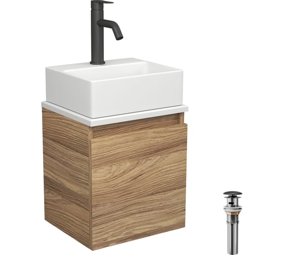 Тумба Bauedge Bau Dream Blackwood 35 с ящиком, раковина BAU Cerama Mini, белая, смеситель Hotel Dream Black, нерж. сталь, черный, выпуск клик-клак черный SD4408