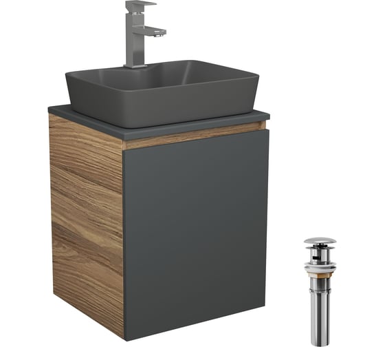 Тумба Bauedge Bau Dream Blackwood 50 графит, раковина BAU Cerama 48х37 темно-серая матовая, смеситель Hotel Still, нерж. сталь, выпуск клик-клак, хром SD4187