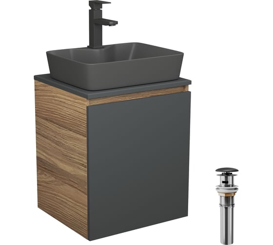 Тумба Bauedge Bau Dream Blackwood 50 графит, раковина BAU Cerama 48х37 темно-серая матовая, смеситель Hotel Black, черный, выпуск клик-клак черный SD4189
