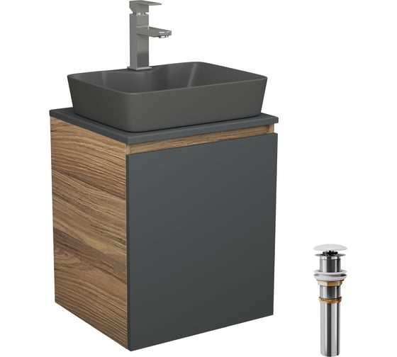 Тумба Bauedge Bau Dream Blackwood 50 графит, раковина BAU Cerama 48х37 темно-серая матовая, смеситель Hotel Still, нерж. сталь, выпуск клик-клак, белый SD4188