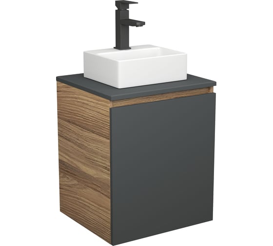 Тумба Bauedge Bau Dream Blackwood 50 графит, раковина BAU Cerama Mini белая, смеситель Hotel Black, черный SD4195 1