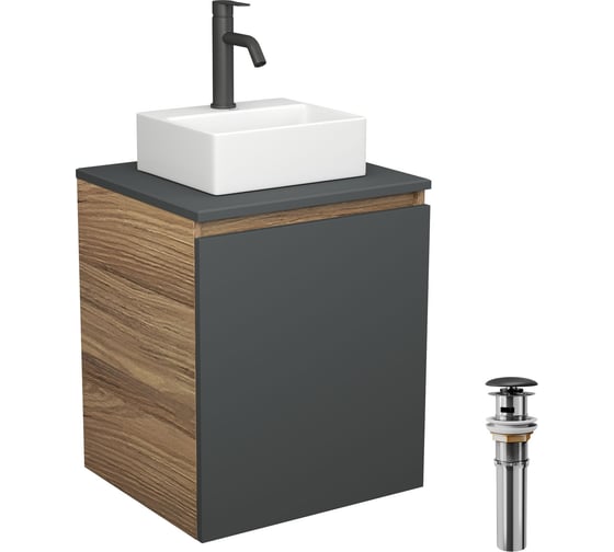 Тумба Bauedge Bau Dream Blackwood 50 графит, раковина BAU Cerama Mini белая, смеситель Hotel Dream Black, нерж. сталь, черный, выпуск клик-клак черный SD4206 1
