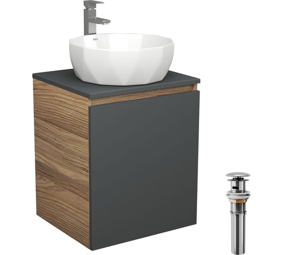 Тумба Bauedge Bau Dream Blackwood 50 графит, раковина D40, смеситель, нержавеющая сталь, выпуск клик-клак, хром SD4106