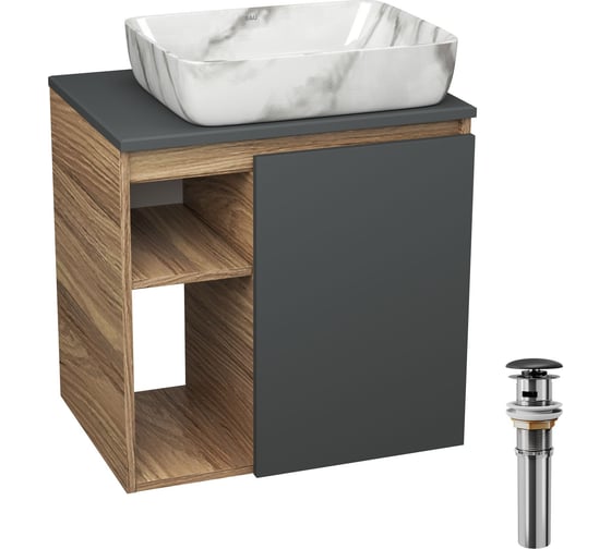 Тумба Bauedge Bau Dream Blackwood 60 правая, графит, раковина BAU Hotel мрамор, 51х39 см, выпуск клик клак черный SD4264