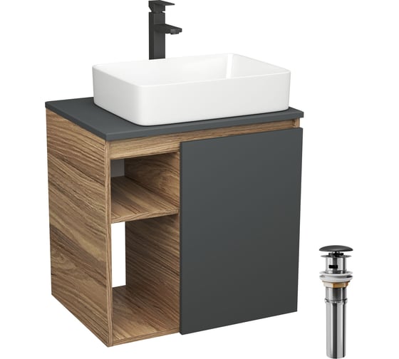 Тумба Bauedge Bau Dream Blackwood 60 правая, графит, раковина BAU Hotel 48х37, смеситель для раковины высокий Hotel Black, черный, выпуск клик клак черный SD4224 1