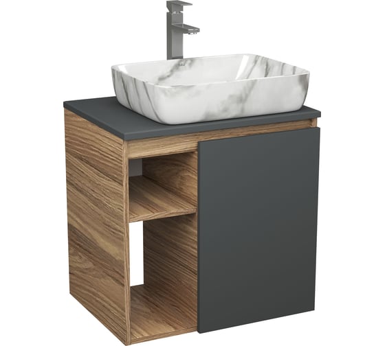 Тумба Bauedge Bau Dream Blackwood 60 правая, графит, раковина BAU Hotel 51х39, мрамор, смеситель для раковины высокий Hotel Still нержавеющая сталь SD4266