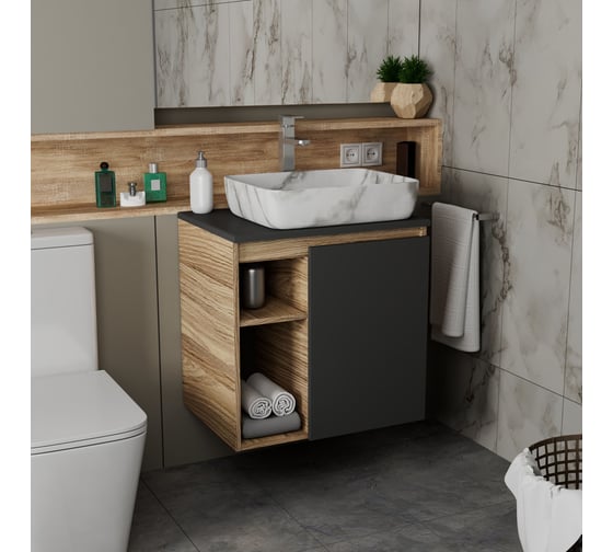 Тумба Bauedge Bau Dream Blackwood 60 правая, графит, раковина BAU Hotel 51х39, мрамор, смеситель для раковины высокий Hotel Still нержавеющая сталь SD4266