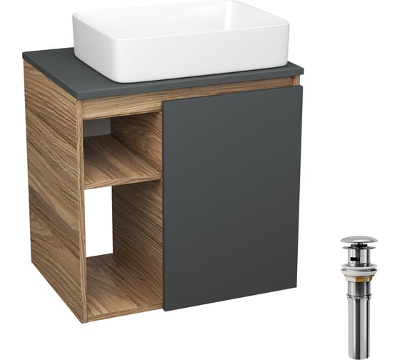 Тумба Bauedge Bau Dream Blackwood 60 правая, графит, раковина BAU Hotel 48х37, выпуск клик клак хром SD4217