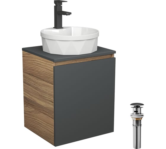 Тумба Bauedge Bau Dream Blackwood 50 графит, раковина BAU Element Cristal D40, белая, смеситель Hotel Black, черный, выпуск клик-клак черный SD4147 1