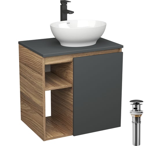 Тумба Bauedge Bau Dream Blackwood 60 правая, графит, раковина BAU Nimb 41х33, смеситель для раковины высокий Hotel Black черный, выпуск клик клак черный SD4278 1