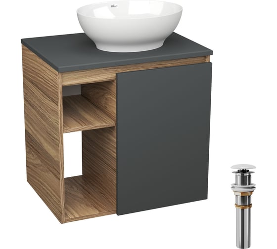 Тумба Bauedge Bau Dream Blackwood 60 правая, графит, раковина BAU Nimb 41х33, выпуск клик клак белый SD4272