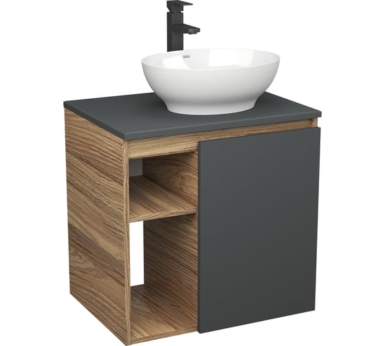 Тумба Bauedge Bau Dream Blackwood 60 правая, графит, раковина BAU Nimb 41х33, смеситель для раковины высокий Hotel Black черный SD4274 1