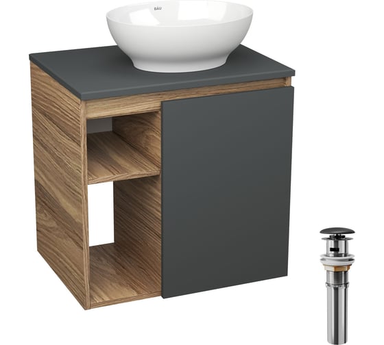 Тумба Bauedge Bau Dream Blackwood 60 правая, графит, раковина BAU Nimb 41х33, выпуск клик клак черный SD4273 1