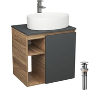 Тумба Bauedge Bau Dream Blackwood 60 правая, графит, раковина BAU Nimb 50х36, смеситель для раковины высокий Hotel Still, нержавеющая сталь, выпуск клик клак, SD4231