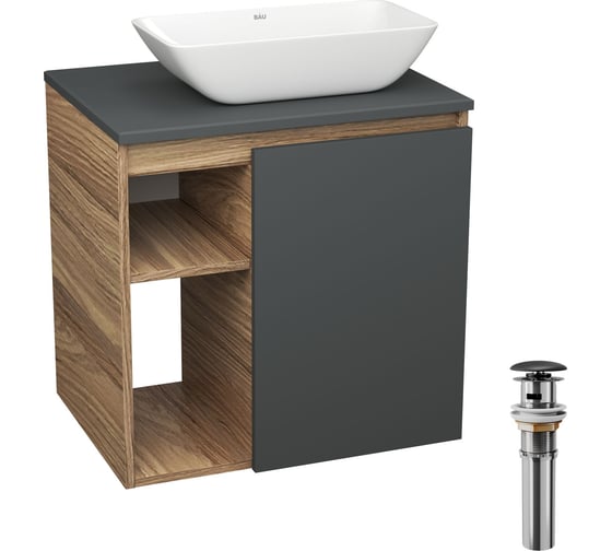 Тумба Bauedge Bau Dream Blackwood 60 правая, графит, раковина BAU Spectrum mini 47х24 выпуск клик клак черный SD4210 1