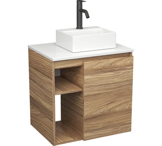 Тумба Bauedge Bau Dream Blackwood 60 правая, раковина BAU Cerama Mini 33х28 белая, смеситель Hotel Dream Black, нерж. сталь, черный SD3385 1