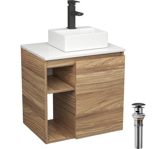 Тумба Bauedge Bau Dream Blackwood 60 правая, раковина BAU Cerama Mini 33х28 белая, смеситель Hotel Black, черный, выпуск клик клак черный SD3391 1