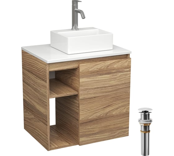 Тумба Bauedge Bau Dream Blackwood 60 правая, раковина BAU Cerama Mini 33х28 белая, смеситель Hotel Dream, нерж. сталь, выпуск клик клак белый SD3393 1