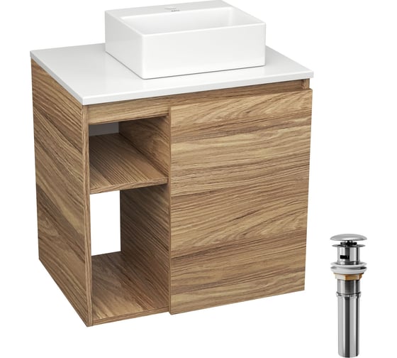 Тумба Bauedge Bau Dream Blackwood 60 правая, раковина BAU Cerama Mini 33х28 белая, выпуск клик клак хром SD3386