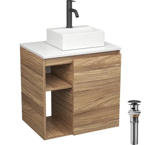 Тумба Bauedge Bau Dream Blackwood 60 правая, раковина BAU Cerama Mini 33х28 белая, смеситель Hotel Dream Black, нерж. сталь, черный, выпуск клик клак черный SD3394