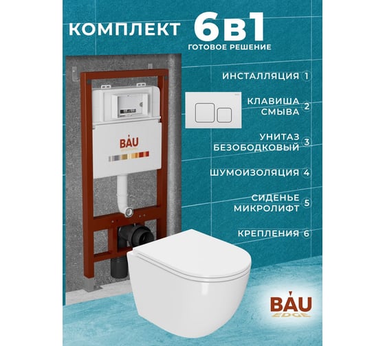 Комплект Bauedge BAU 6 в 1: инсталляция BAU PRO, унитаз подвесной безободковый, со смывом торнадо Grossman Hurricane 3, сиденье дюропласт микролифт, кнопка см Q111300-GR-4455SQ-Q00014