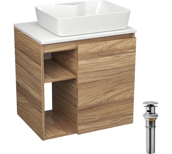 Тумба Bauedge Bau Dream Blackwood 60 правая, раковина BAU Cerama 48х37 белая, выпуск клик клак хром SD3358 1