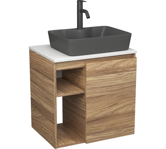 Тумба Bauedge Bau Dream Blackwood 60 правая, раковина BAU Cerama 48х37 темно-серая матовая, смеситель Hotel Dream Black черный SD3371