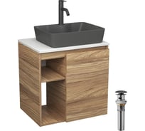 Тумба Bauedge Bau Dream Blackwood 60 правая, раковина BAU Cerama 48х37 темно-серая матовая, смеситель Hotel Dream Black, нерж. сталь, черный, выпуск клик клак SD3380