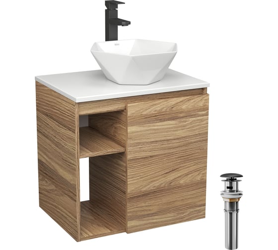 Тумба Bauedge Bau Dream Blackwood 60 правая, раковина BAU Crystal 40х40, смеситель для раковины высокий Hotel Black, черный, выпуск клик клак черный SD3287