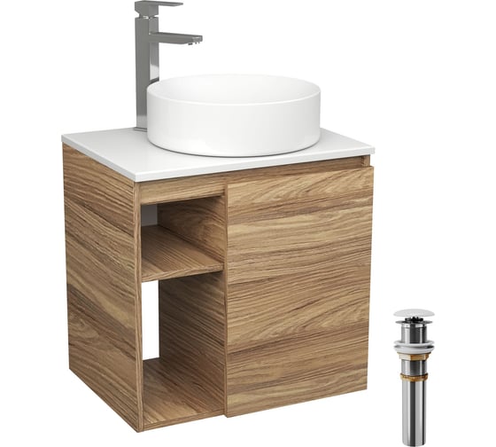 Тумба Bauedge Bau Dream Blackwood 60 правая, раковина BAU Dream круглая D41, смеситель для раковины высокий Hotel Still, нержавеющая сталь, выпуск клик клак SD3241
