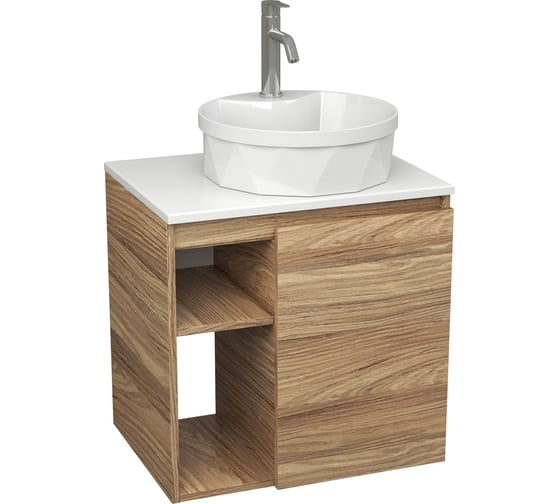 Тумба Bauedge Bau Dream Blackwood 60 правая, раковина BAU Element Cristal D40, белая, смеситель Hotel Dream, нерж. сталь SD3328