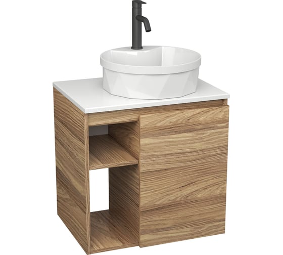 Тумба Bauedge Bau Dream Blackwood 60 правая, раковина BAU Element Cristal D40, белая, смеситель Hotel Dream Black, нерж. сталь, черный SD3329 1