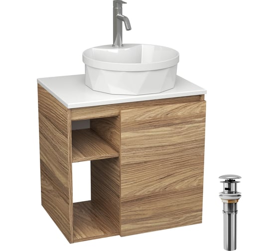 Тумба Bauedge Bau Dream Blackwood 60 правая, раковина BAU Element Cristal D40, белая, смеситель Hotel Dream, нерж. сталь, выпуск клик клак хром SD3336